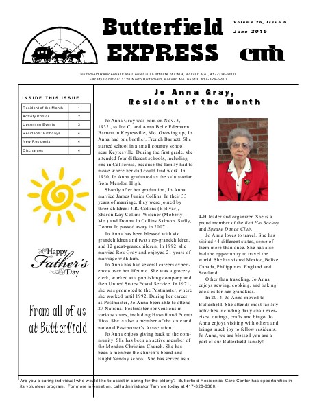 Butterfield Residential Care Center's Butterfield Express June 2015