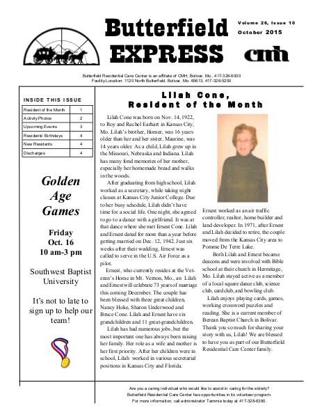 Butterfield Residential Care Center's Butterfield Express October 2015