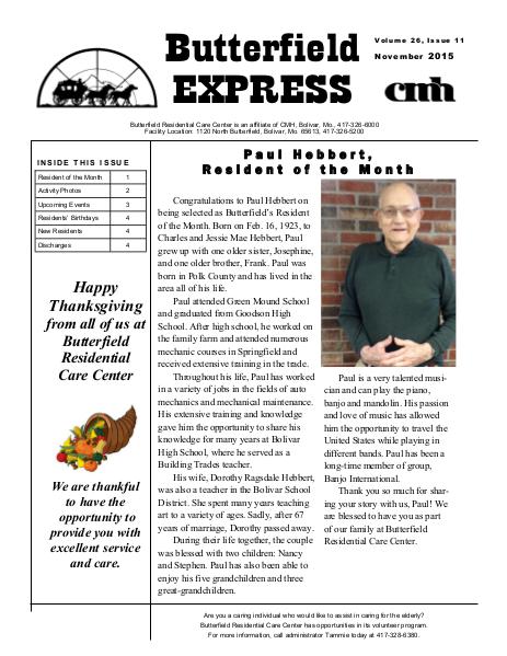 Butterfield Residential Care Center's Butterfield Express November 2015