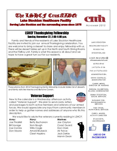 Lake Stockton Healthcare Facility eNewsletter November 2015