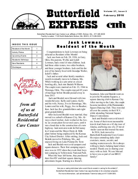 Butterfield Residential Care Center's Butterfield Express February 2016