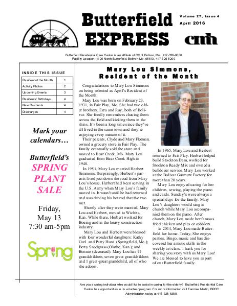 Butterfield Residential Care Center's Butterfield Express April 2016