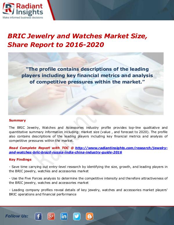 Consumer Goods Research Reports by Radiant Insights BRIC Jewelry and Watches Market