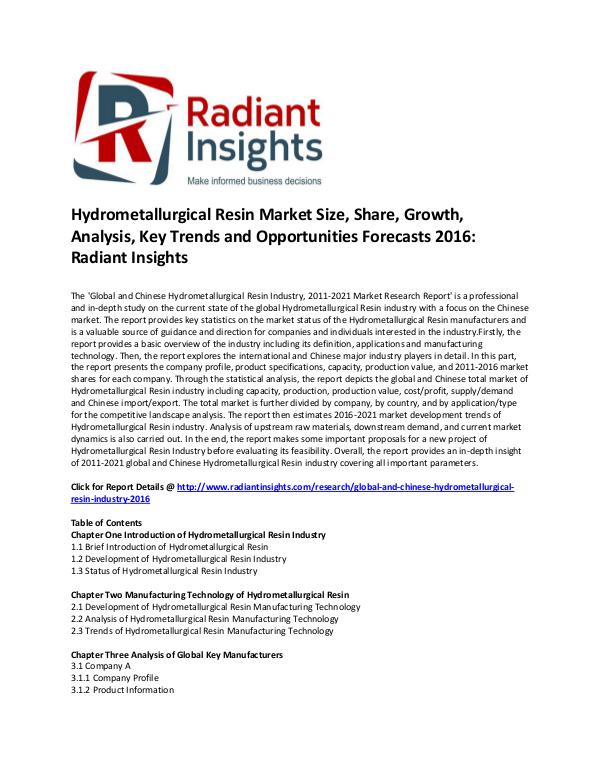 Hydrometallurgical Resin Market Growth and Forecasts 2016 Global and Chinese Hydrometallurgical Resin Market