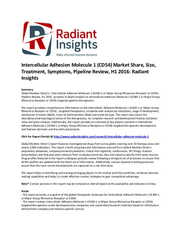 Intercellular Adhesion Molecule 1 (CD54) Market Size, Definition 2016 Global Markets Direct's, 'Intercellular Adhesion M