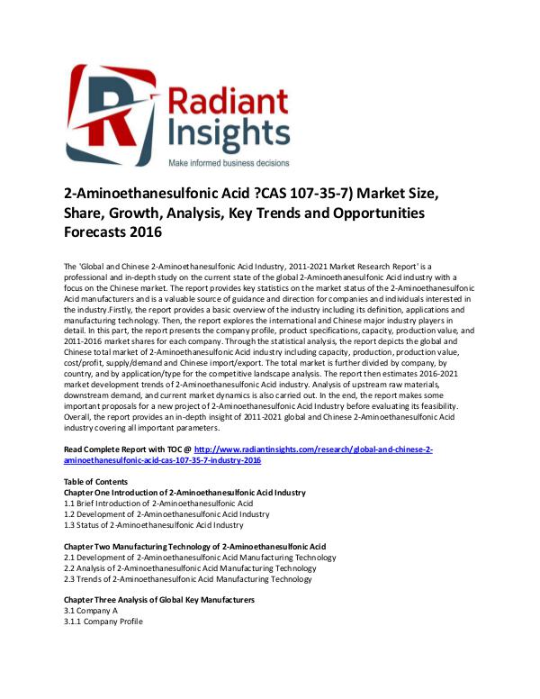 2-Aminoethanesulfonic Acid ?CAS 107-35-7) Market Share 2016 2-Aminoethanesulfonic Acid ?CAS 107-35-7) Market