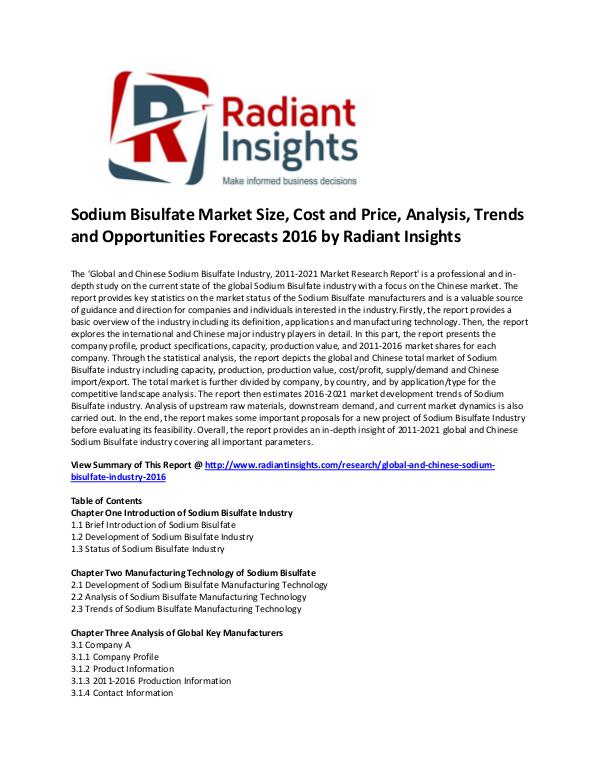 Sodium Bisulfate Market Size, Share, Cost and Price, Analysis 2016 Sodium Bisulfate Market.