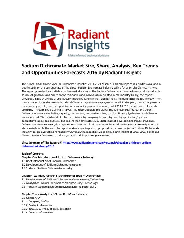 Sodium Dichromate Market Size, Growth, Cost and Price, Analysis 2016 Global and Chinese Sodium Dichromate Industry