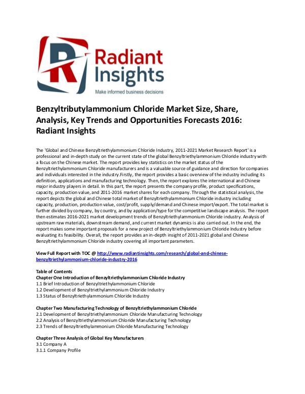 Benzyltributylammonium Chloride Market Share, Growth 2016 Global and Chinese Benzyltriethylammonium Chloride