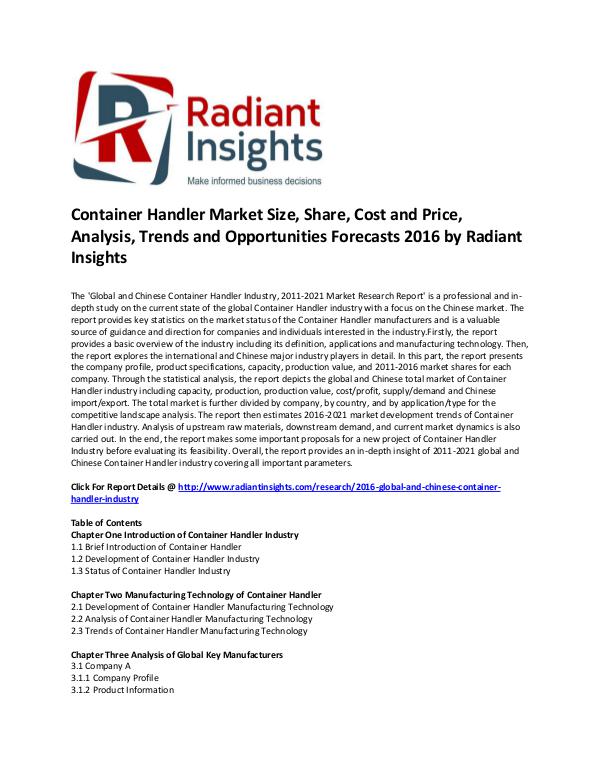 Container Handler Market Size, Cost and Price, 2016 Dec 2017