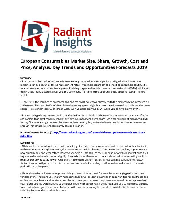 European Consumables Market Size, Share, Growth, 2016 Nov 2016