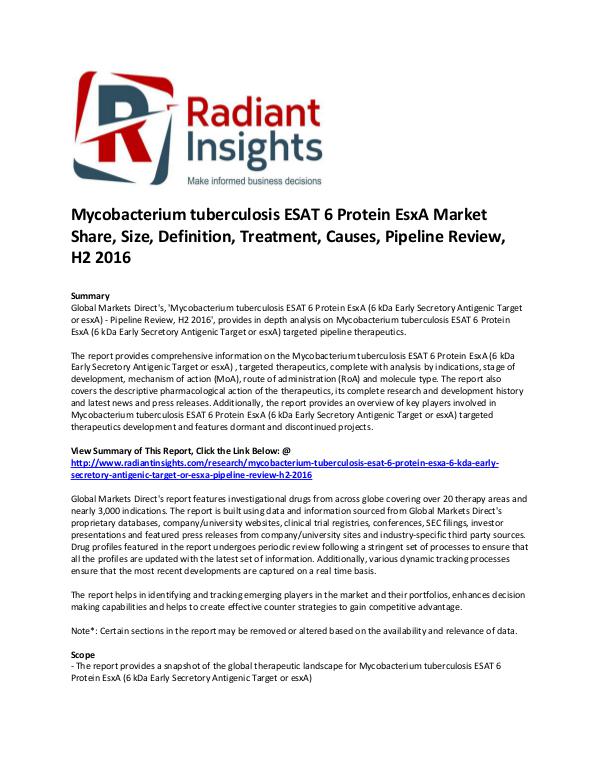 Pharmaceuticals and Healthcare Reports Mycobacterium tuberculosis ESAT 6 Protein EsxA