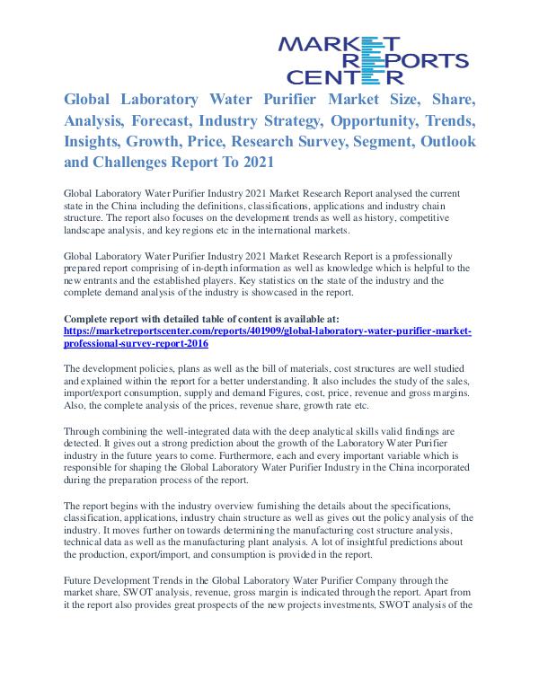 Laboratory Water Purifier Market Size, Application Potential To 2016 Laboratory Water Purifier Market