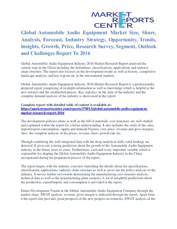 Automobile Audio Equipment Market Value and Segmentation Trends 2016 Automobile Audio Equipment Market