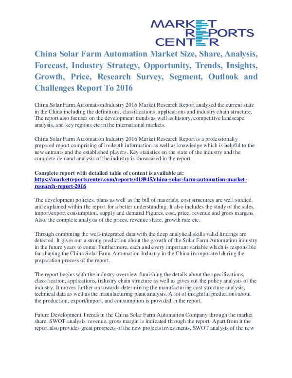 China Solar Farm Automation Market Segmentation And Trends To 2016 China Solar Farm Automation Market