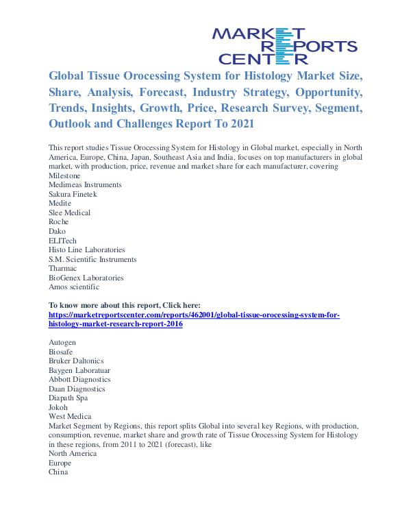 Tissue Orocessing System for Histology Market Analysis To 2021 Tissue Orocessing System for Histology Market