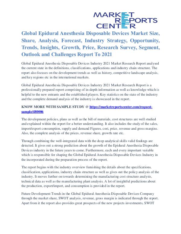 Epidural Anesthesia Disposable Devices Market Trends Analysis To 2021 Epidural Anesthesia Disposable Devices Market