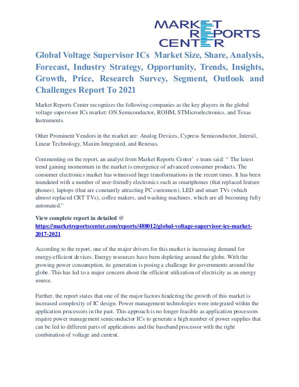 Voltage Supervisor ICs Market Popular Trends, Size And Shares To 2021 Voltage Supervisor ICs Market