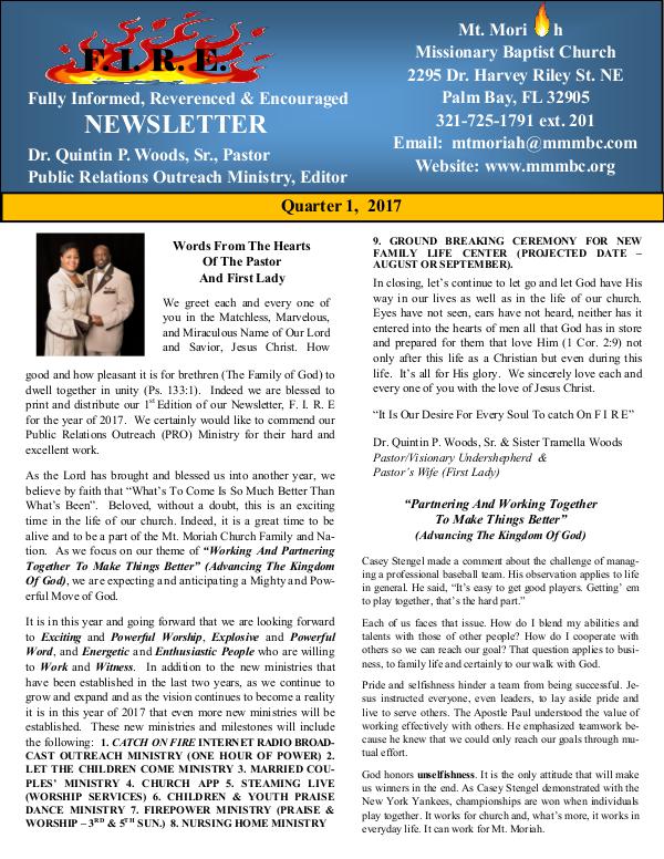 2017 Q1 FIRE Newsletter Mt. Moriah Baptist Church