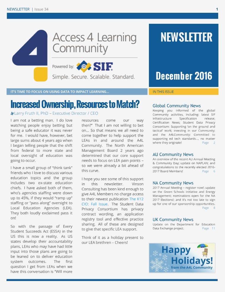 A4L Community Newsletter - December 2016 A4L Newsletter - December 2016