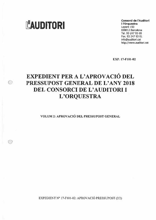 Pressupost 2018 EXPEDIENT APROVACIO PRESSUPOST GENERAL ANY 2018 CO