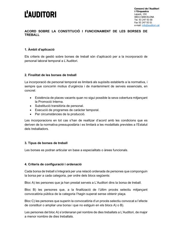 Normativa funcionament Borses de treball - L'Auditori Normativa funcionament Borses de treball - L'Audit