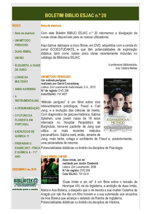 BOLETIM BIBLIO ESJAC N.º 20 DEZEMBRO 2016 n.º 20, Dezembro 2016