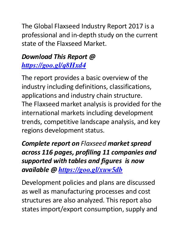 Flaxseed Industry Global Market Trends, Share, Size and 2022 Forecast Flaxseed Industry Report 2017