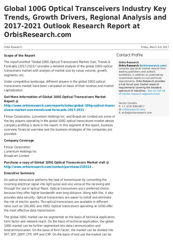 Market Research Report Share Analysis of Global  100G Optical Transceiver