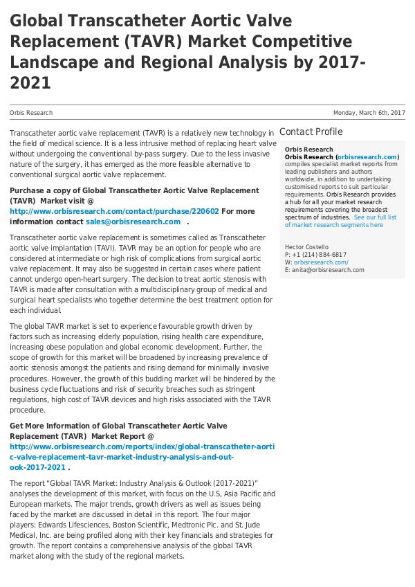 Market Research Report 2017  Global  Transcatheter Aortic Valve Replaceme