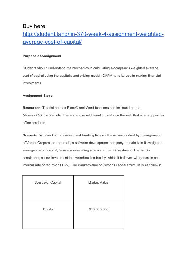 FIN 370 Week 4 Assignment Weighted Average Cost of Capital Homework