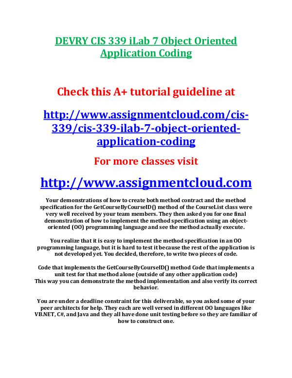 devry cis 339 entire course DEVRY CIS 339 iLab 7 Object Oriented Application C
