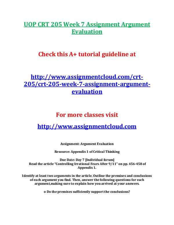 CRT 205 UOP UOP CRT 205 Week 7 Assignment Argument Evaluation