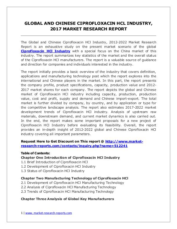 Ciprofloxacin HCl Industry Global and Chinese Analysis for 2012-2022 Ciprofloxacin HCl Market 2012-2022 Analysis, Trend