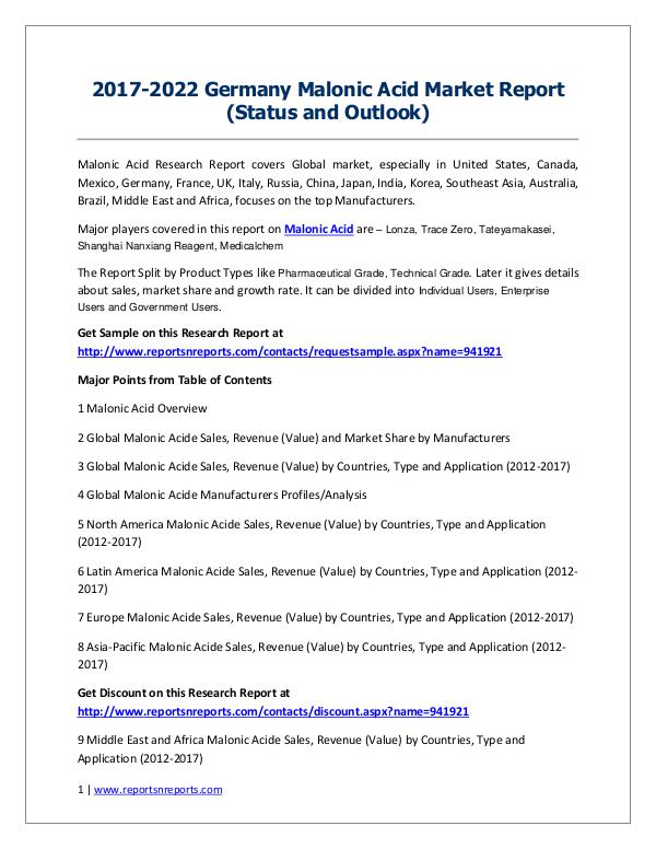 Malonic Acid Market Trends and 2022 Forecasts for Manufacturers 2017-2022 Global Top Countries Malonic Acid Market