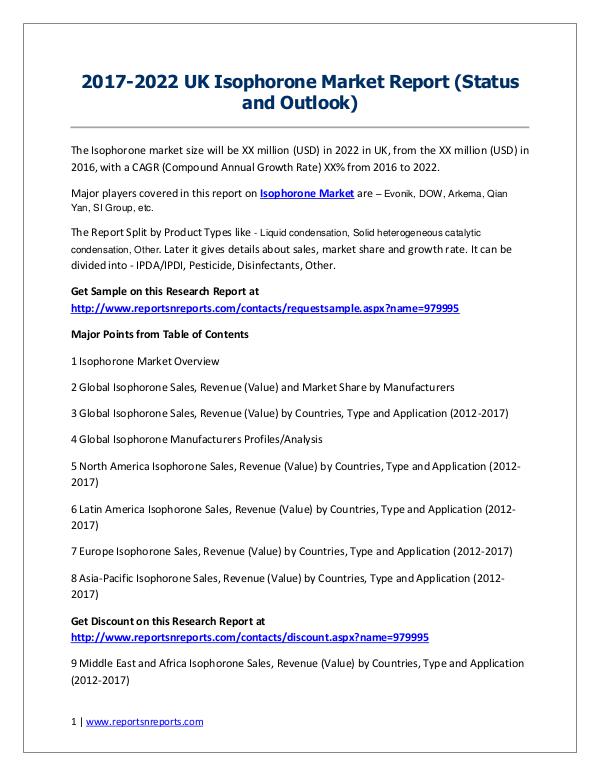 2017-2022 Global Top Countries Isophorone Market Report 2017-2022 UK Isophorone Market Report (Status and