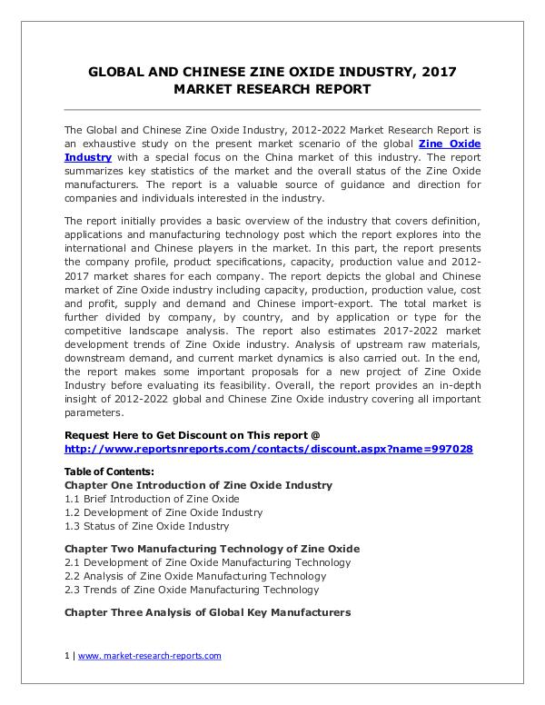 Zine Oxide Market 2012-2022 Analysis, Trends and Forecasts Global and Chinese Zine Oxide Industry, 2017 Marke