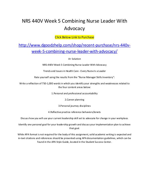 NRS 440V Week 5 Combining Nurse Leader With Advocacy NRS 440V Week 5 Combining Nurse Leader With Advoca