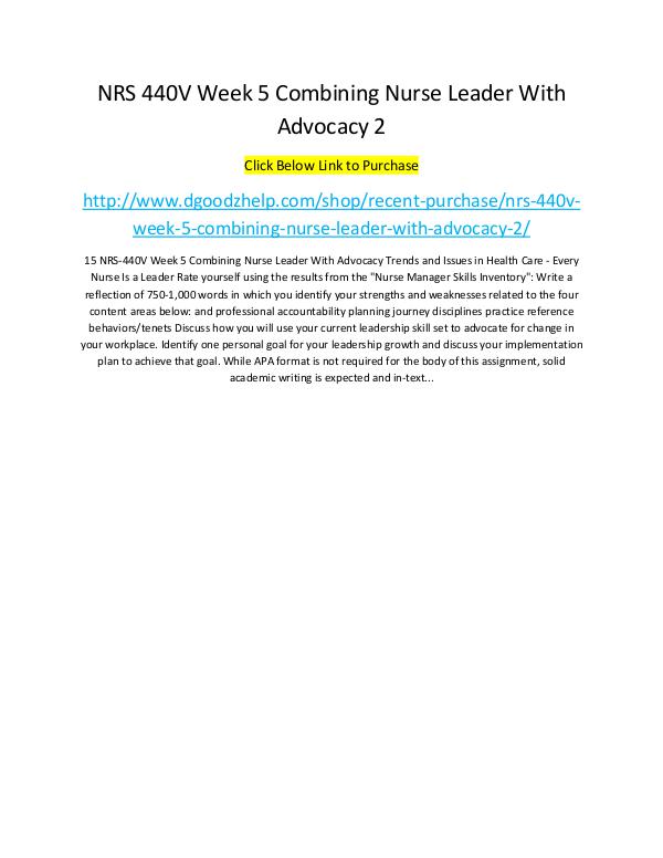 NRS 440V Week 5 Combining Nurse Leader With Advocacy 2 NRS 440V Week 5 Combining Nurse Leader With Advoca