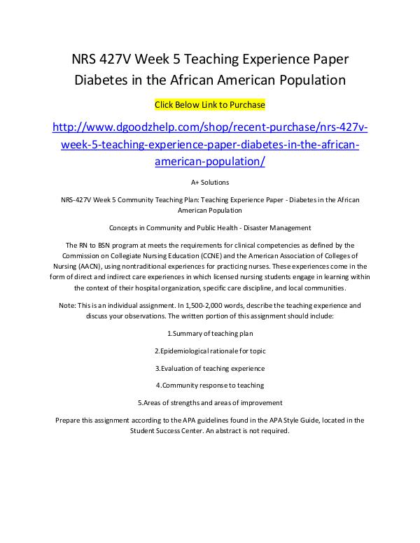 NRS 427V Week 5 Teaching Experience Paper Diabetes in the African Ame NRS 427V Week 5 Teaching Experience Paper Diabetes