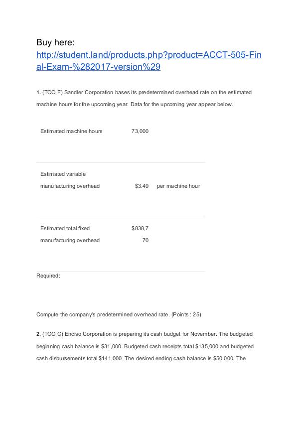 ACCT 505 Final Exam (2017 version) Help