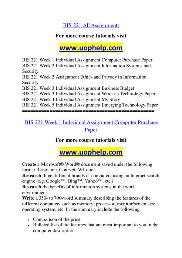 BIS 221 Dreams Come True /uophelp.com BIS 221 Dreams Come True /uophelp.com