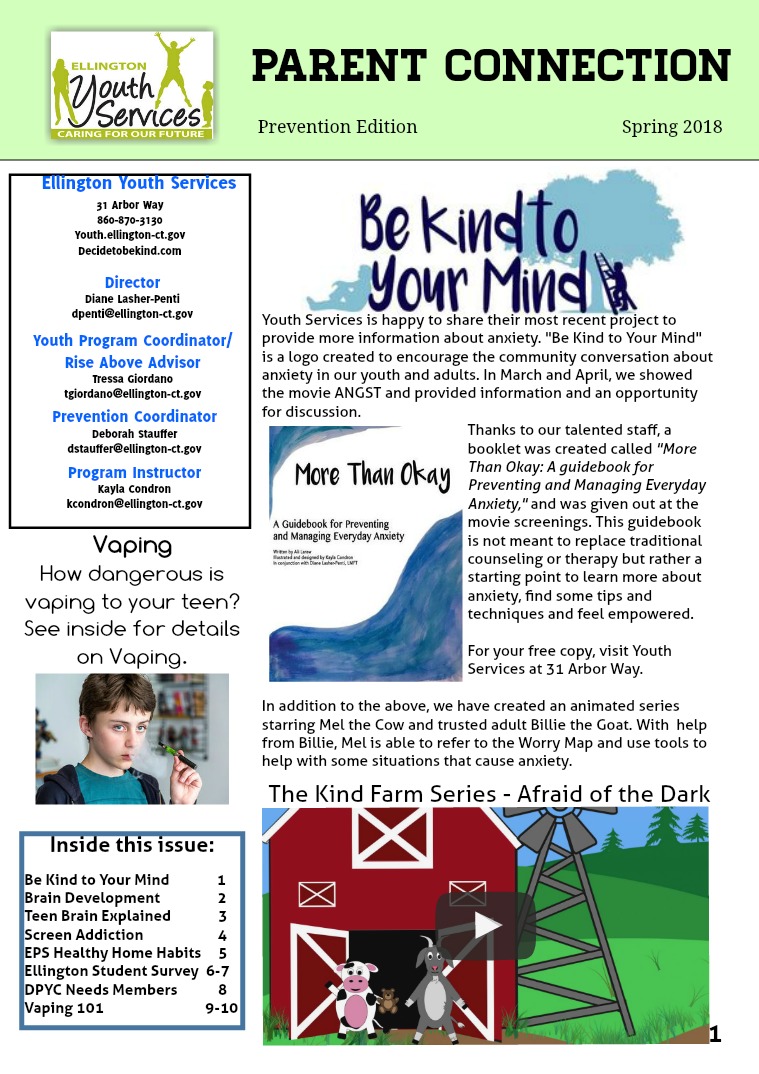 Ellington Youth Services Prevention Newsletter Prevention Newsletter Spring 2018