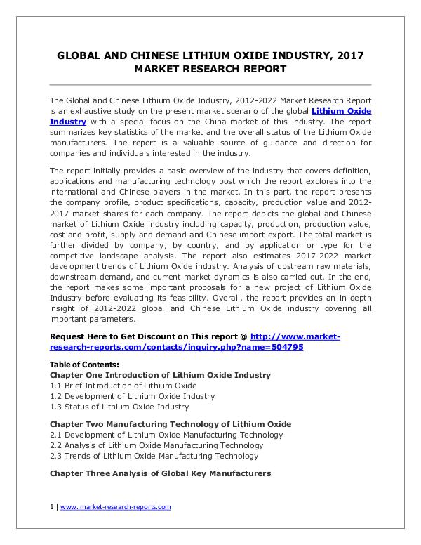 Lithium Oxide Market Trends and 2022 Forecasts for Manufacturers Lithium Oxide Market 2012-2022 Analysis, Trends an