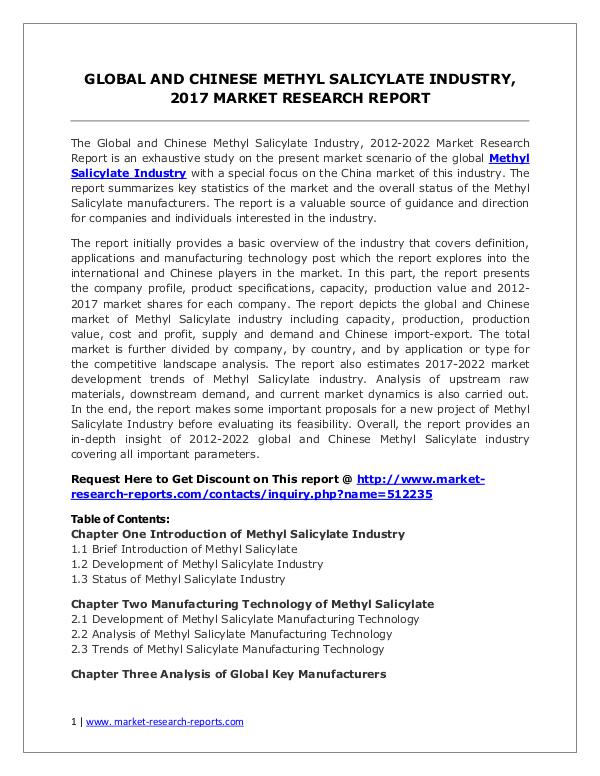 Global Methyl Salicylate Industry Forecast Study 2012-2022 Methyl Salicylate Market 2012-2022 Analysis, Trend