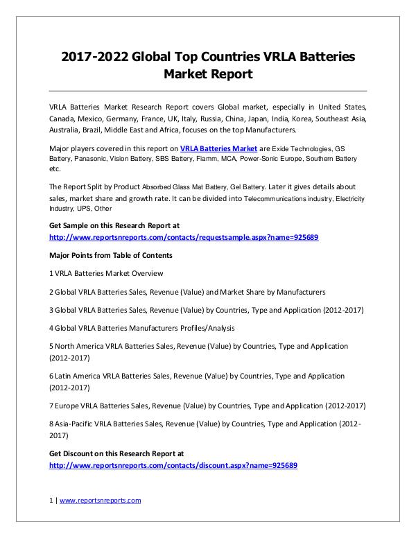 VRLA Batteries Market 2017 Analysis, Trends and Forecasts 2022 2017-2022 Global Top Countries VRLA Batteries Mark