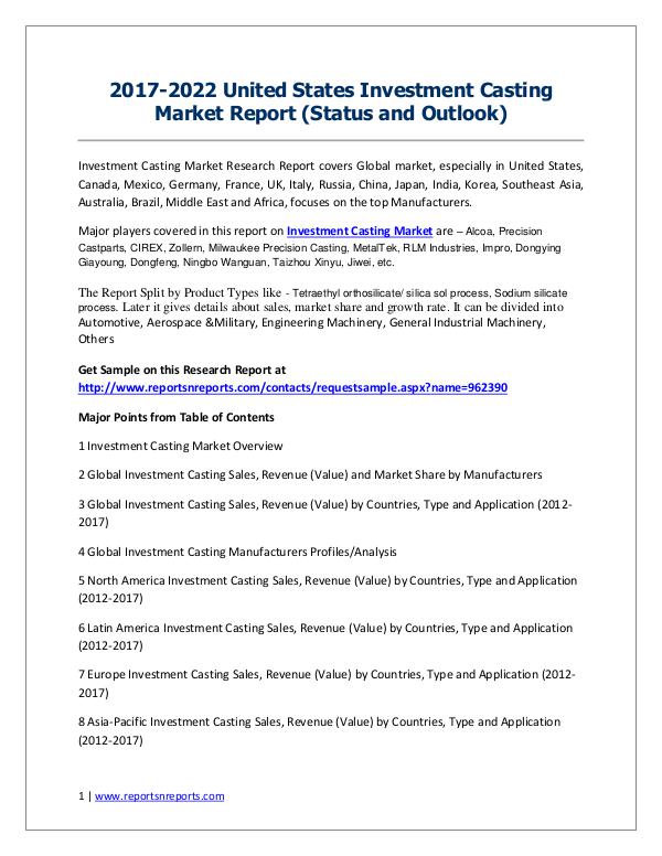 2017-2022 Global Top Countries Investment Casting Market Report Investment Casting Market 2017 Analysis, Trends an