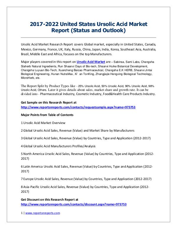 Ursolic Acid Market Trends and 2022 Forecasts for Manufacturers 2017-2022 United States Ursolic Acid Market Report