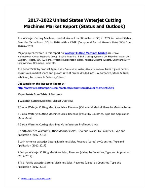 Waterjet Cutting Machines Market 2017 Analysis, Trends and Forecasts 2017-2022 United States Waterjet Cutting Machines