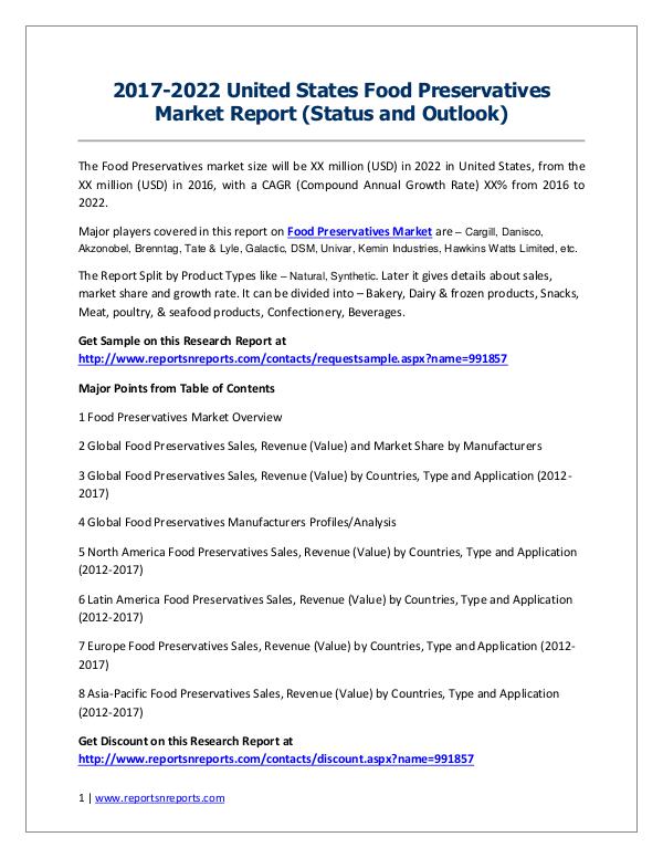 Food Preservatives Market 2017 Analysis, Trends and Forecasts 2022 2017-2022 United States Food Preservatives Market